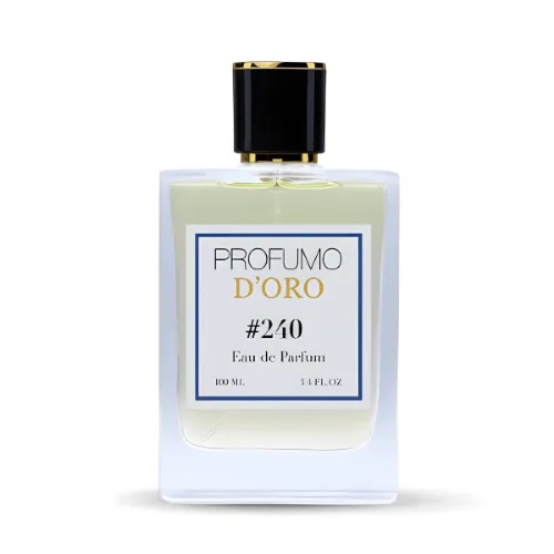 erpackung von Profumo Doro #240 – Design in Roségold und Nachtblau, Symbol für Licht, Eleganz und kalifornische Energie
